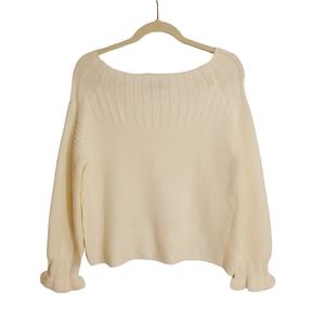 FEW MODA NEW YORK Cream Ribbed Knit Ruffle Sleeve Boat Neck Top Medium